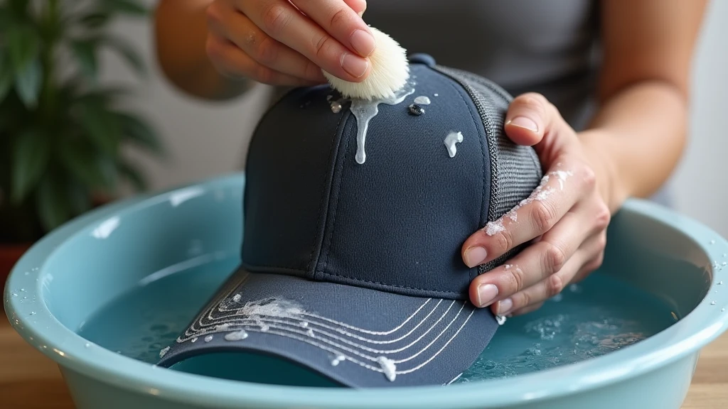 Step-by-step guide showing materials needed to wash a trucker hat, including mild detergent, soft brush, and a towel, arranged neatly on a light surface.