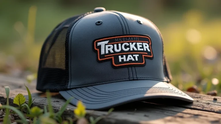 A close-up of an A-Frame-Trucker-Hat with a bold logo reading 'Trucker Hat,' placed on a rustic wooden table outdoors, surrounded by natural elements and illuminated by soft sunlight.