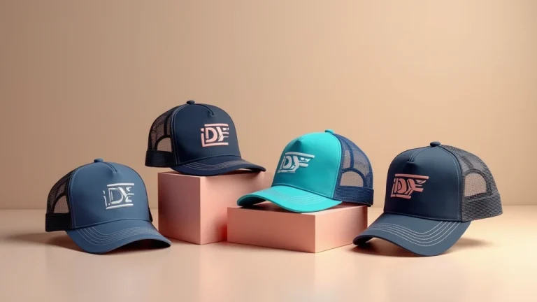 A collection of custom trucker hats in various colors and styles, featuring embroidered logos and printed designs, displayed on a modern surface.